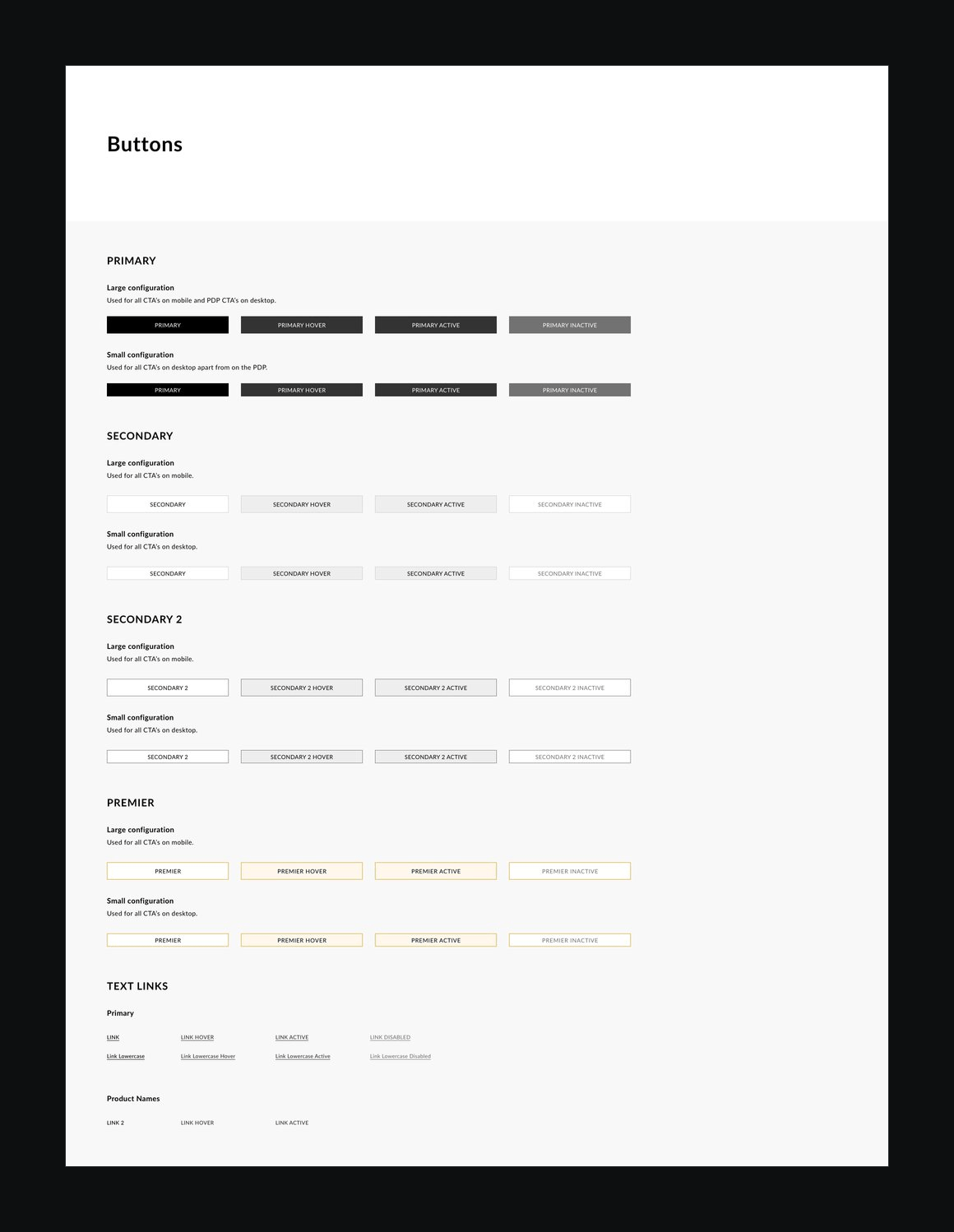 The buttons page, with every button type, size and state