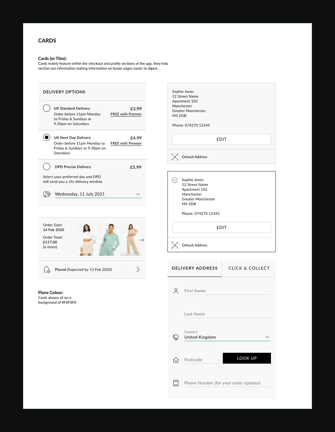 The cards page: delivery option, address and order cards