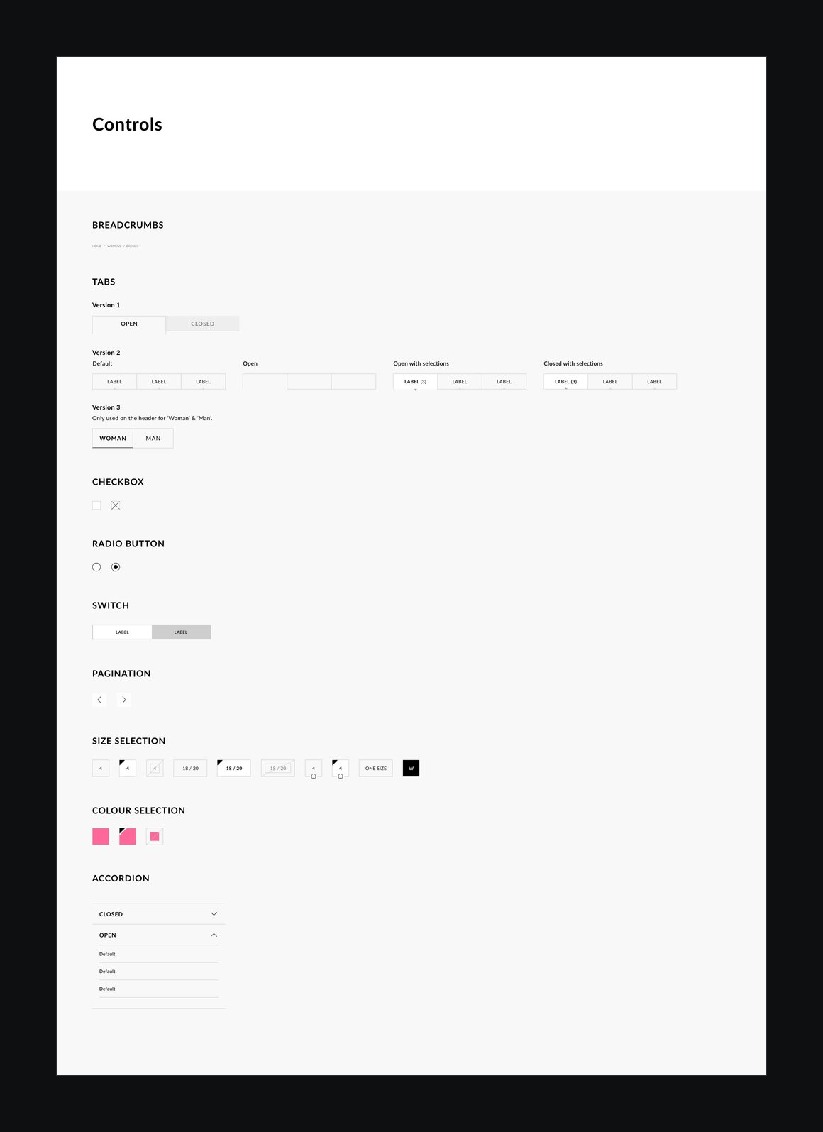 The controls page, from breadcrumbs to colour selection