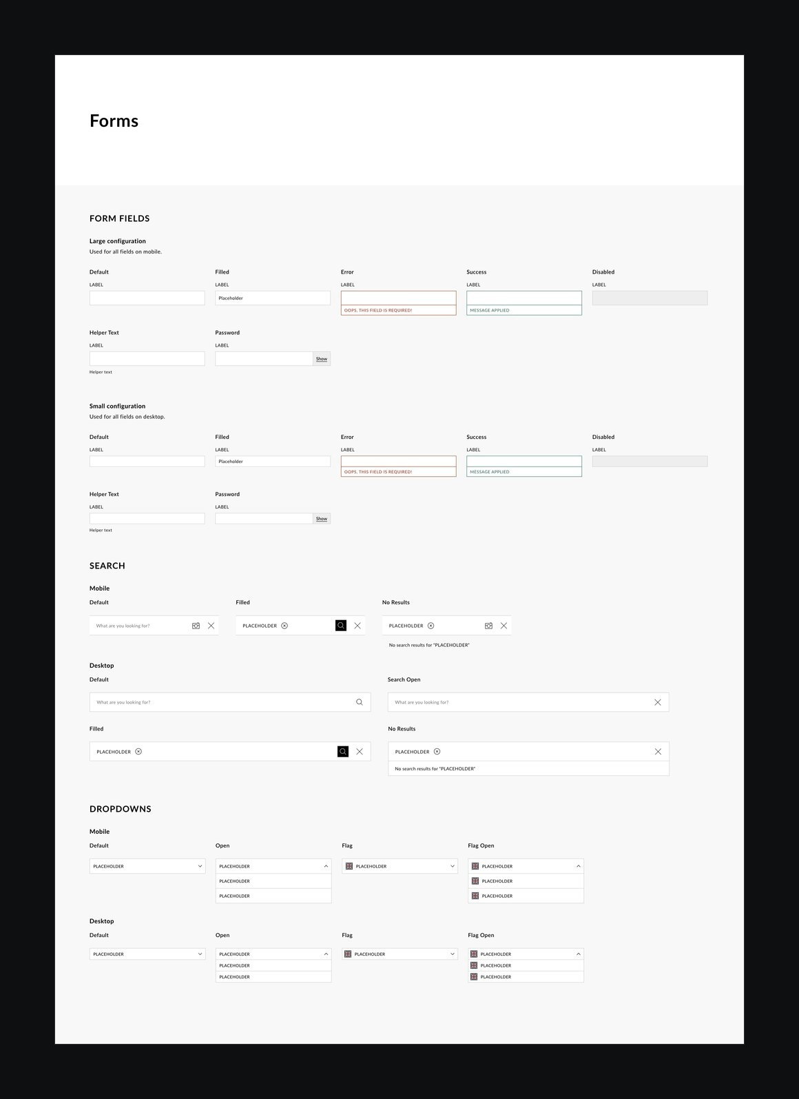 The forms page, with fields, search and dropdowns in each state