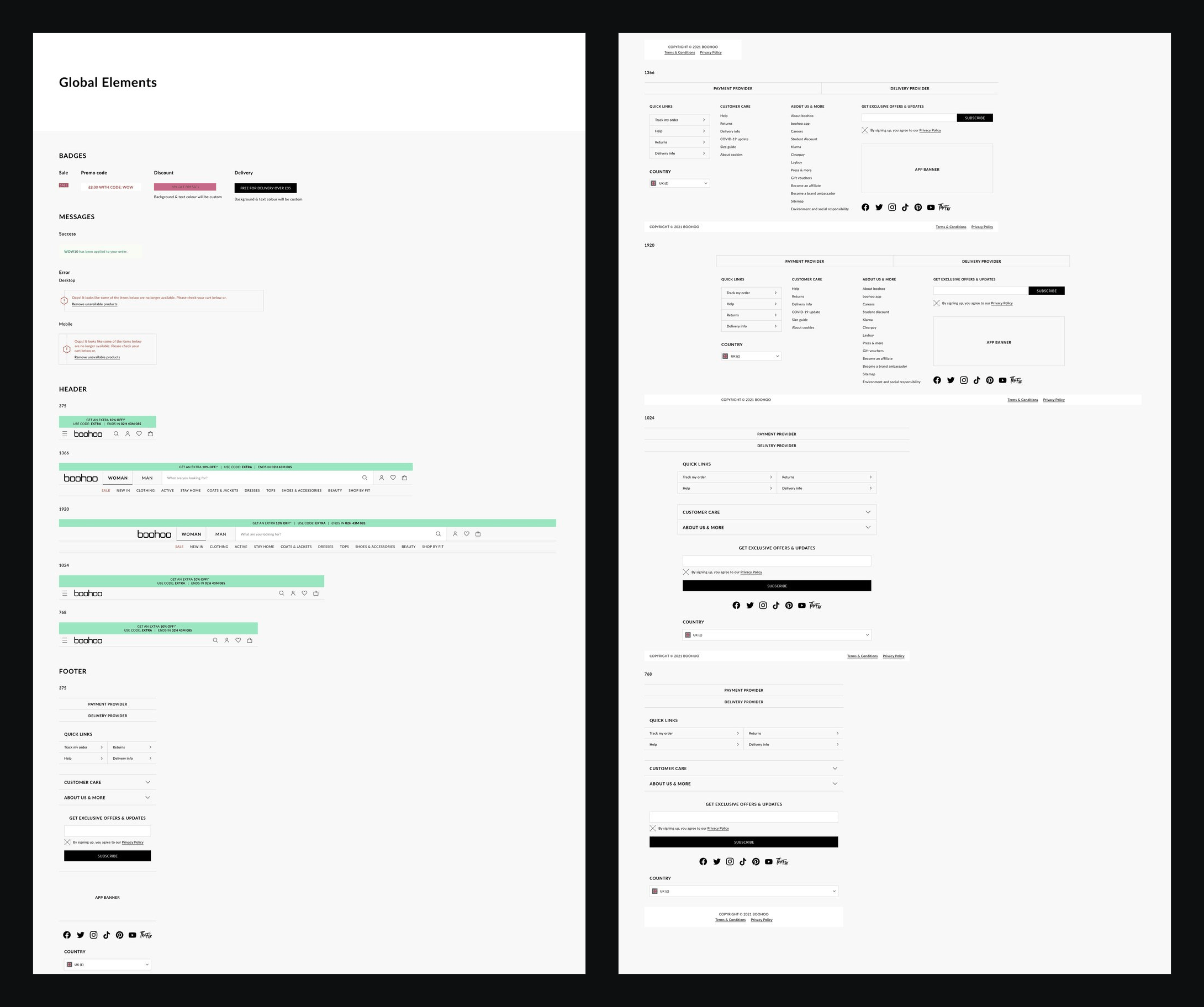 The global elements page: badges, messages, headers and footers