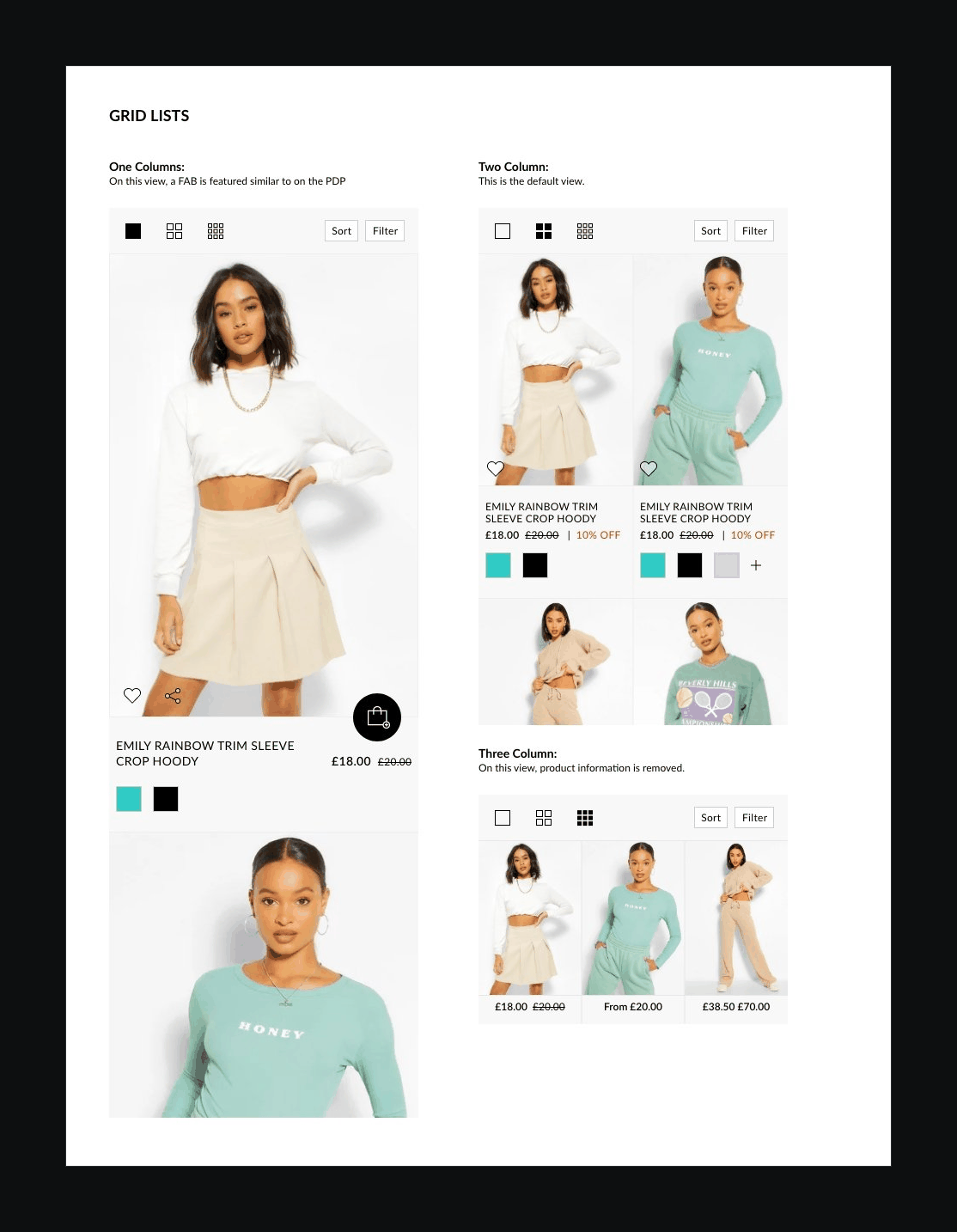 Product grid lists in one, two and three columns