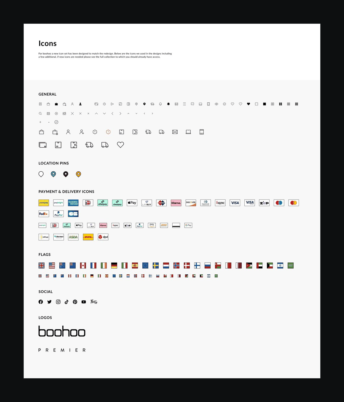 The icon set: general, location, payment and delivery icons and flags