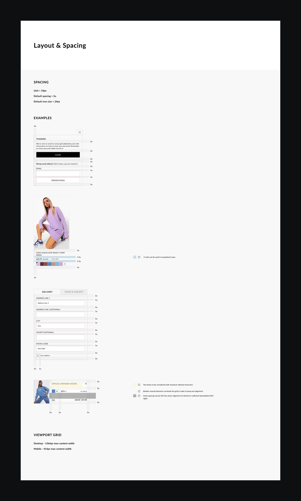 The layout and spacing page, with spacing examples and the viewport grid