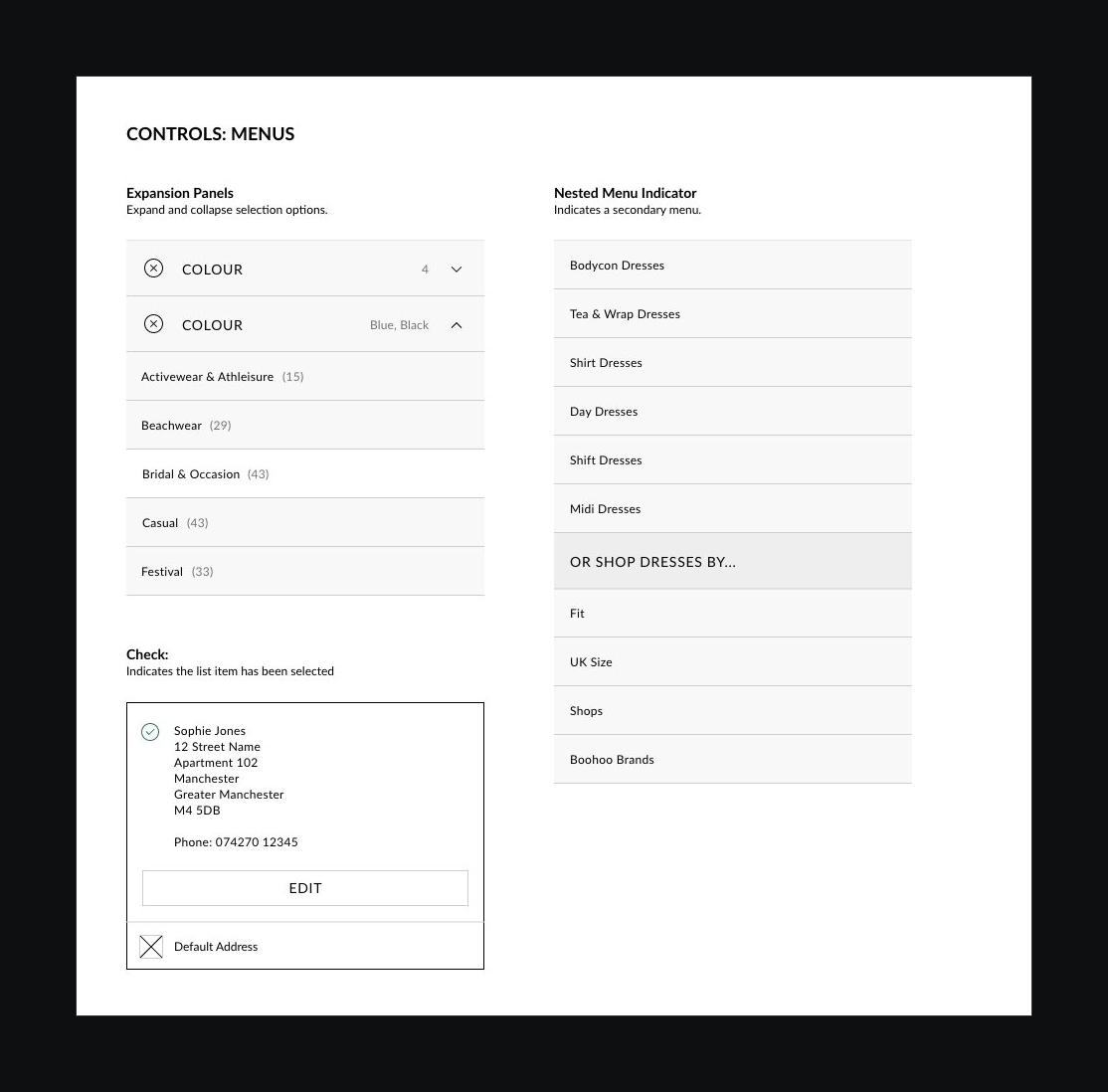 The menus page, with expansion panels and a nested menu