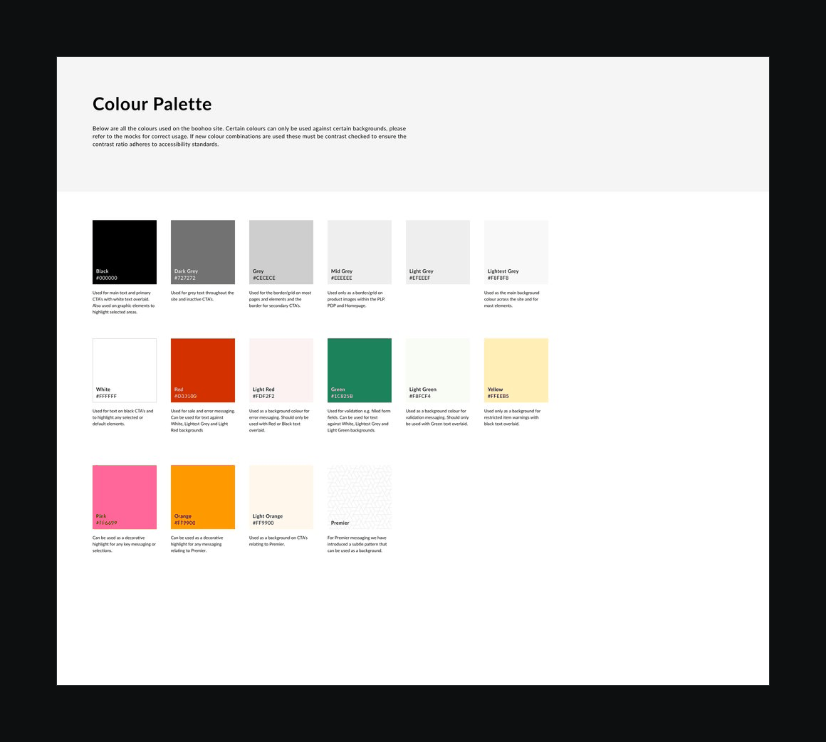 The colour palette page of a Boohoo style guide