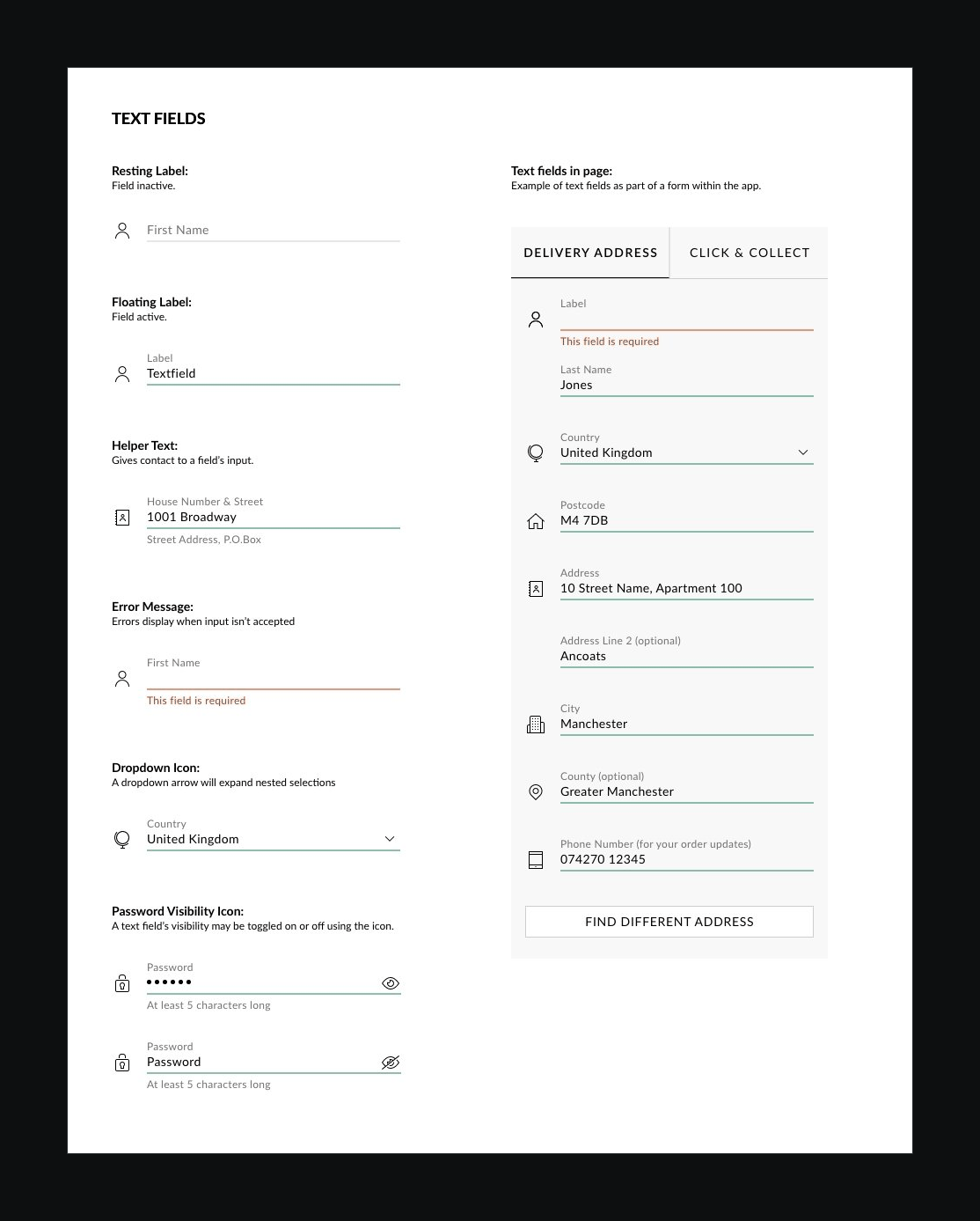 The text fields page, with each field state beside a delivery address form
