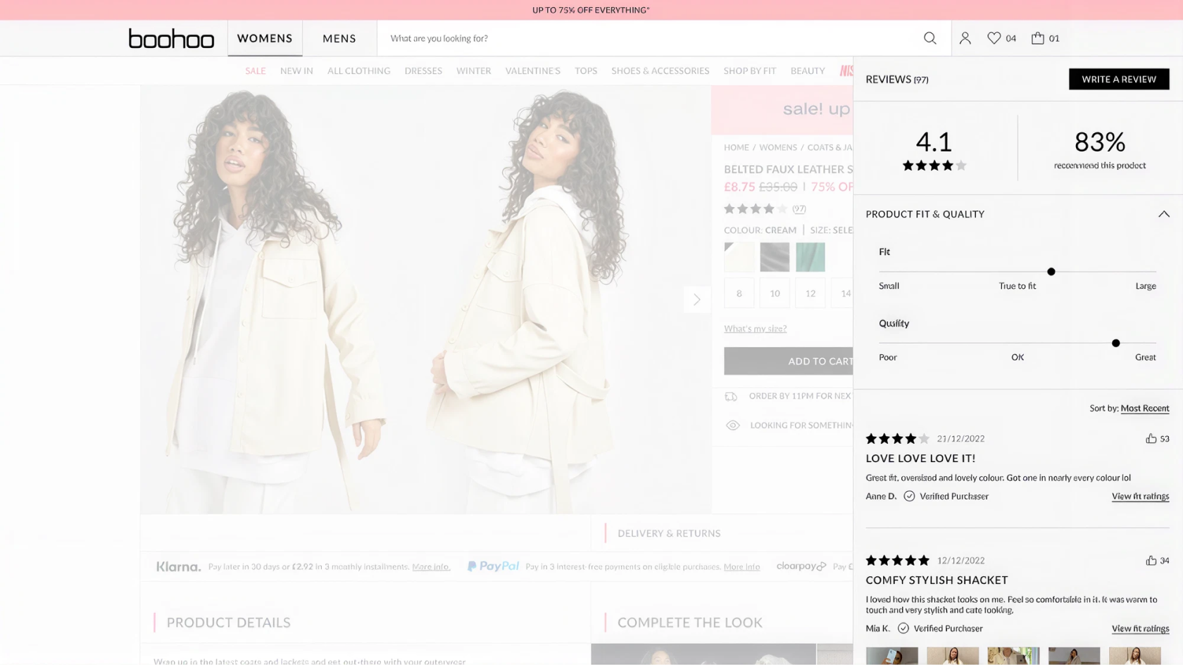 Desktop product detail page with the reviews panel