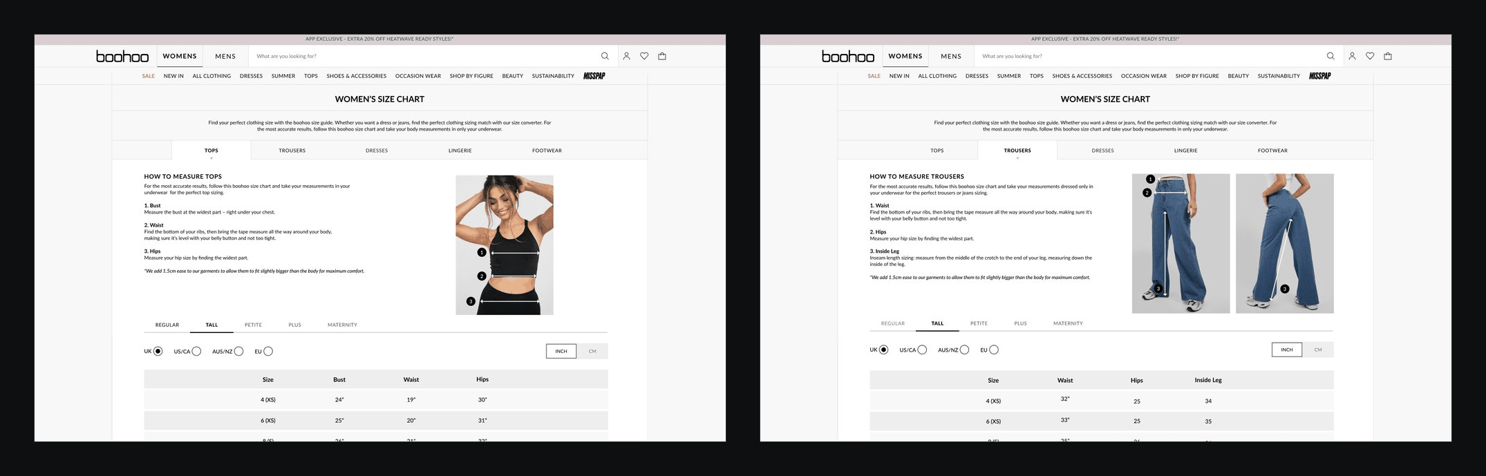 The women's size chart page for tops and for trousers