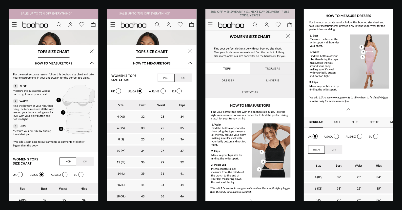 Four mobile screens of the size guide, from how to measure to the size table
