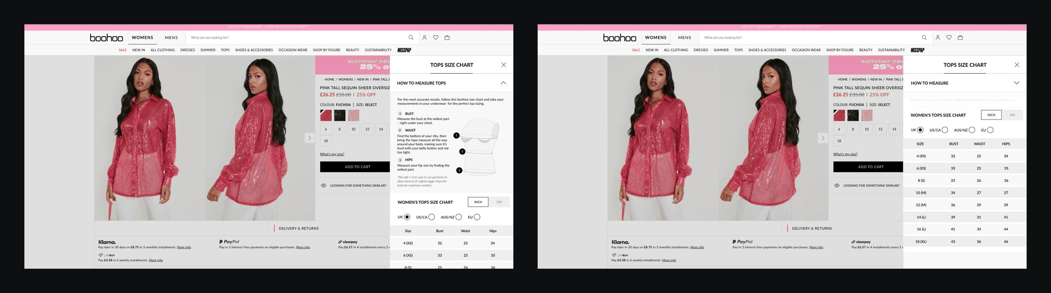 The tops size guide opened from a product page, with how to measure and then the size chart
