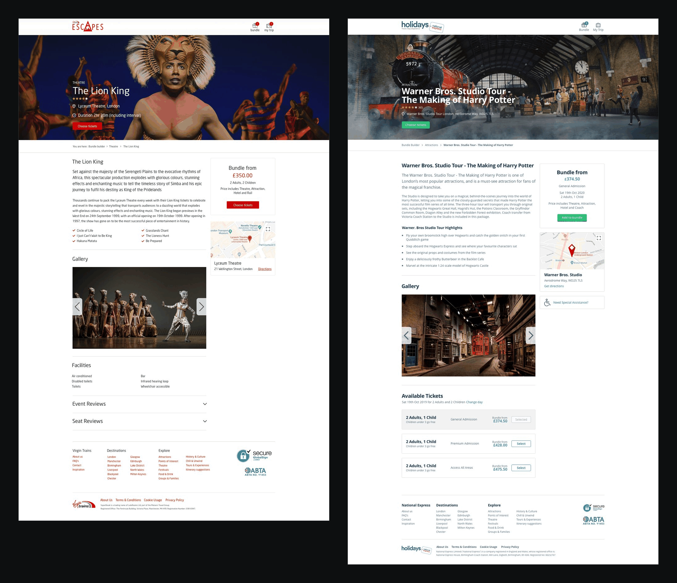 Attraction pages for Virgin Escapes and National Express Holidays, side by side