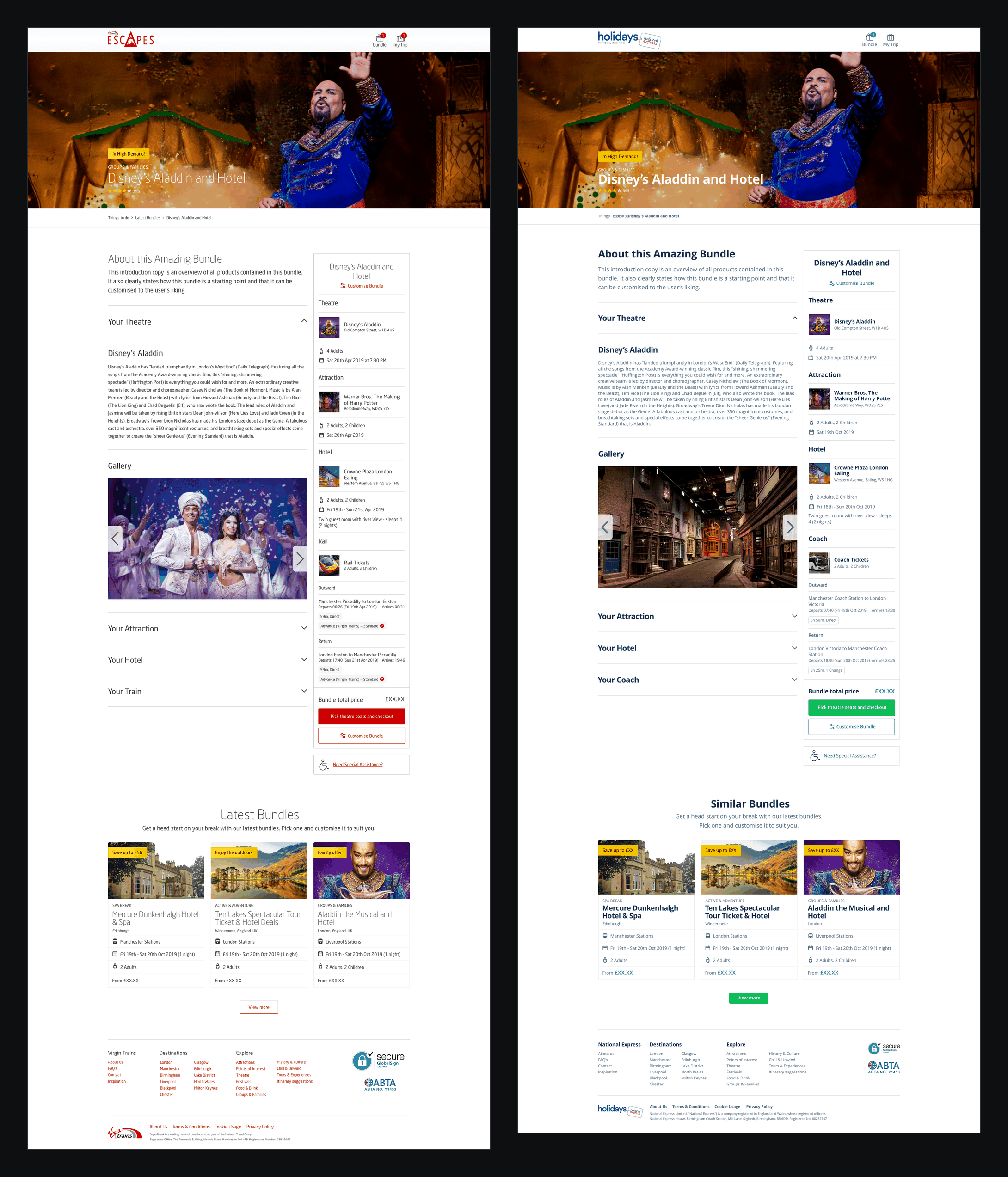 Bundle pages for Virgin Escapes and National Express Holidays, side by side