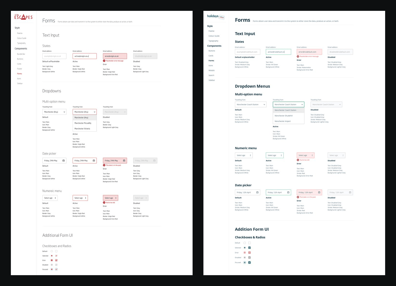 Form components for Virgin Escapes and National Express Holidays, side by side