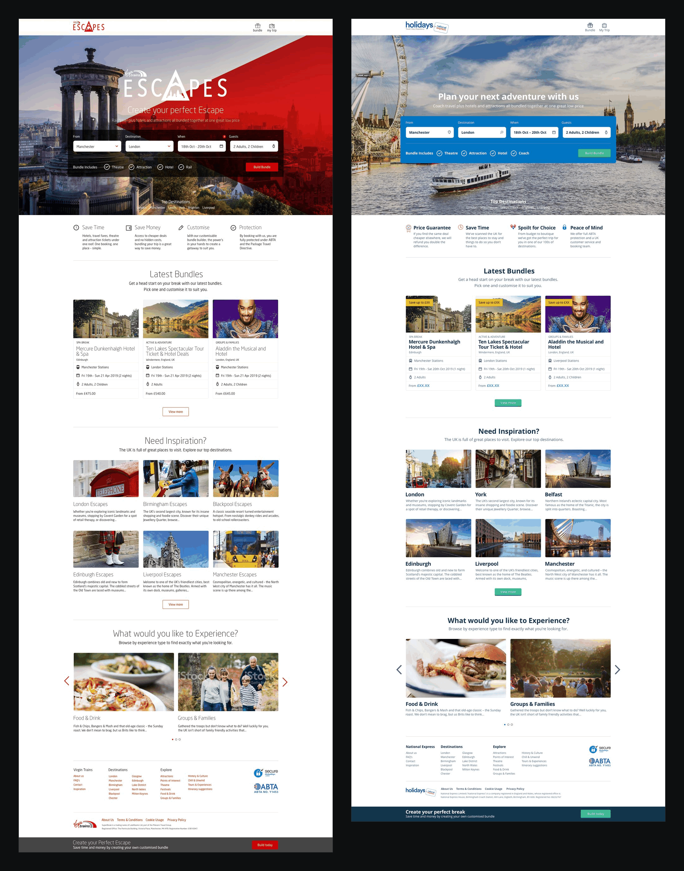 Homepages for Virgin Escapes and National Express Holidays, side by side