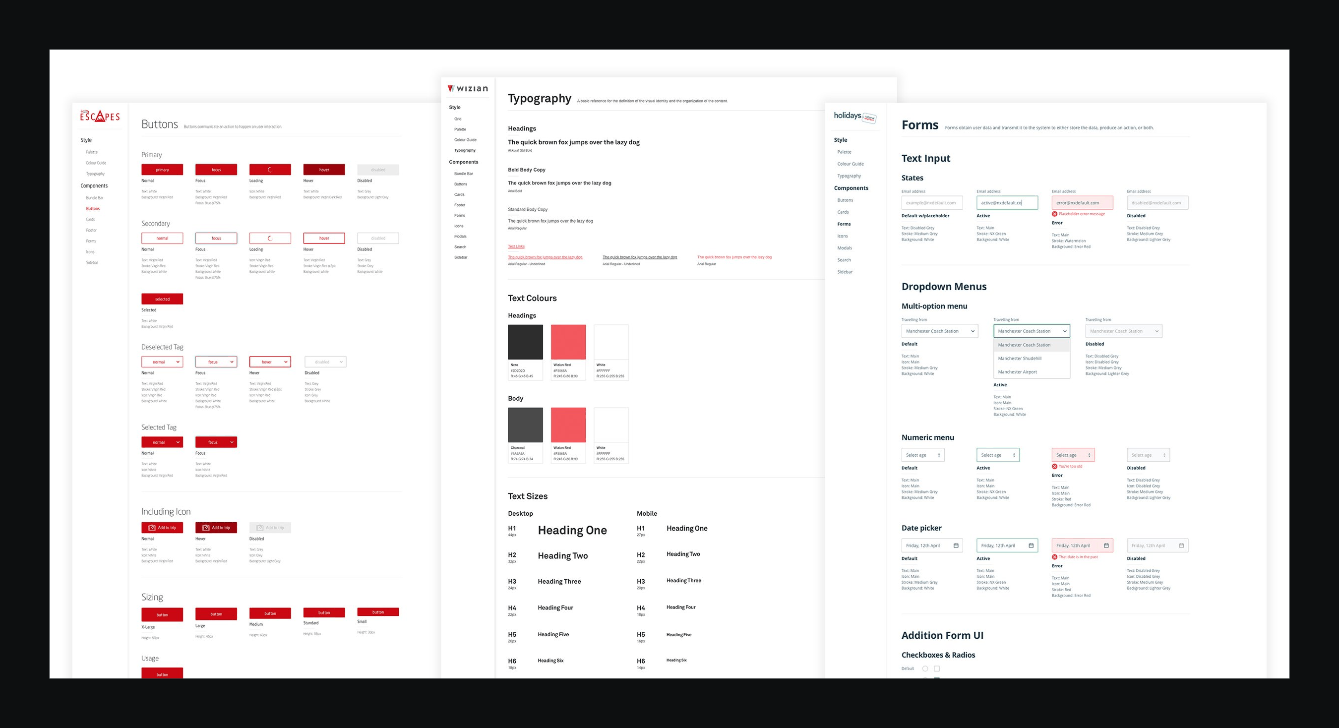Pages from the white-label design system: buttons, typography and forms