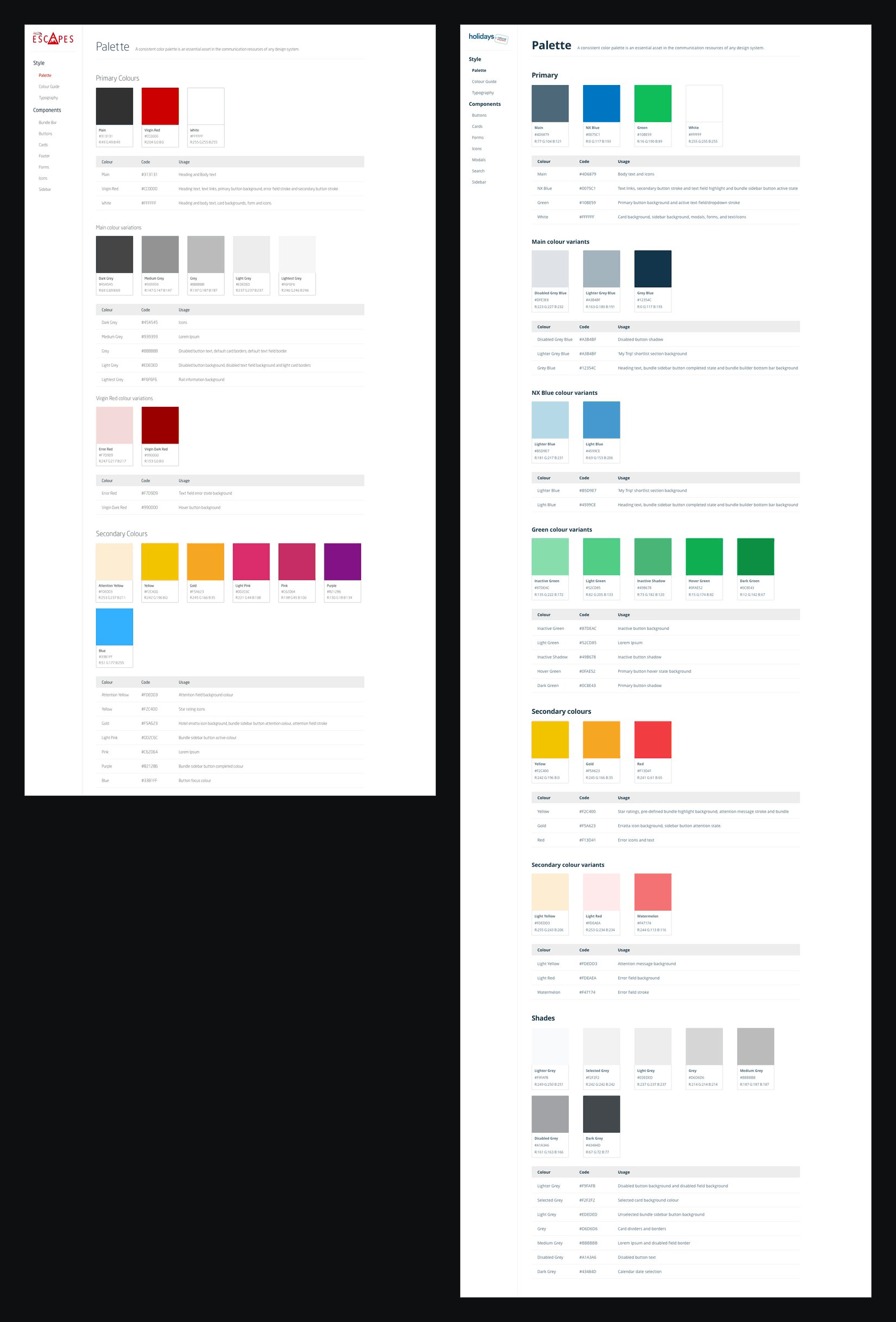 Colour palette pages for Virgin Escapes and National Express Holidays, side by side