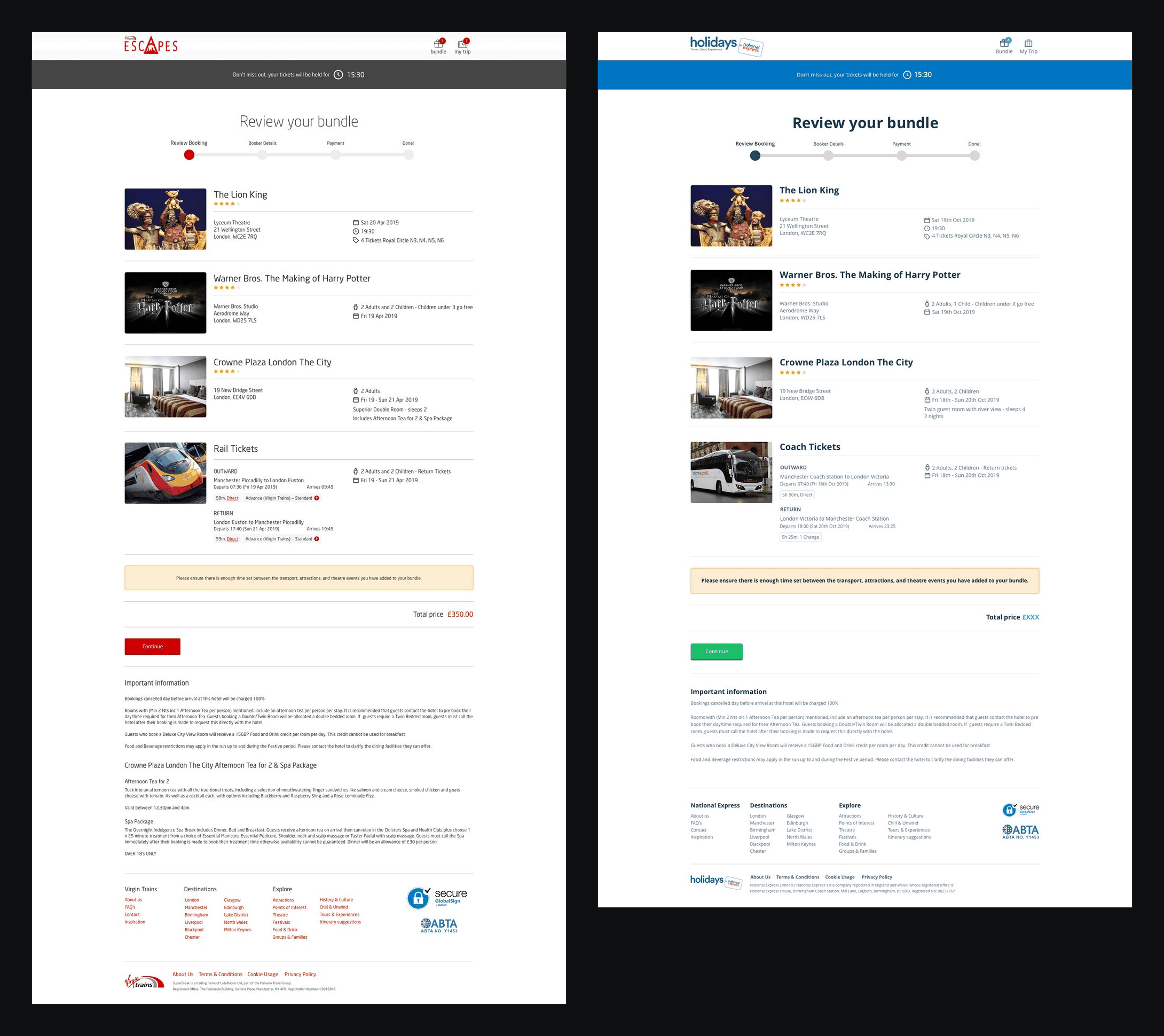 Bundle review pages for Virgin Escapes and National Express Holidays, side by side