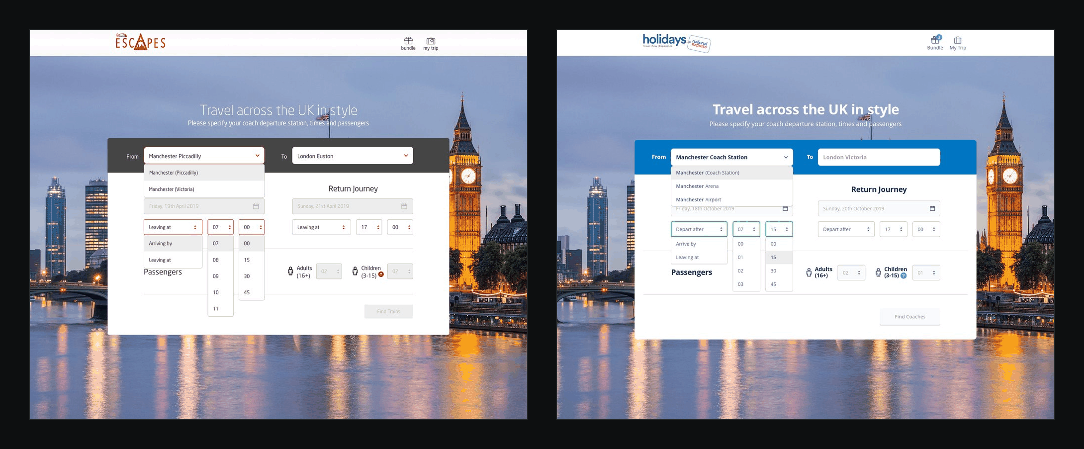 Travel search panels for Virgin Escapes and National Express Holidays, side by side