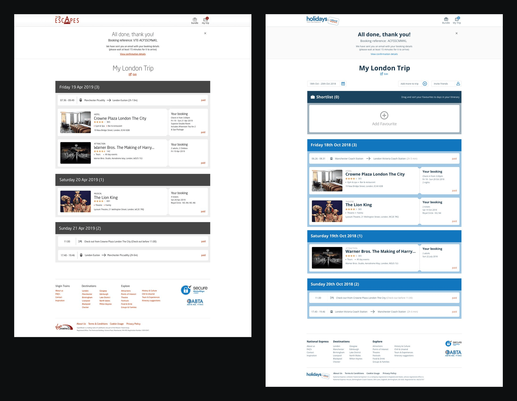 My trip pages for Virgin Escapes and National Express Holidays, side by side