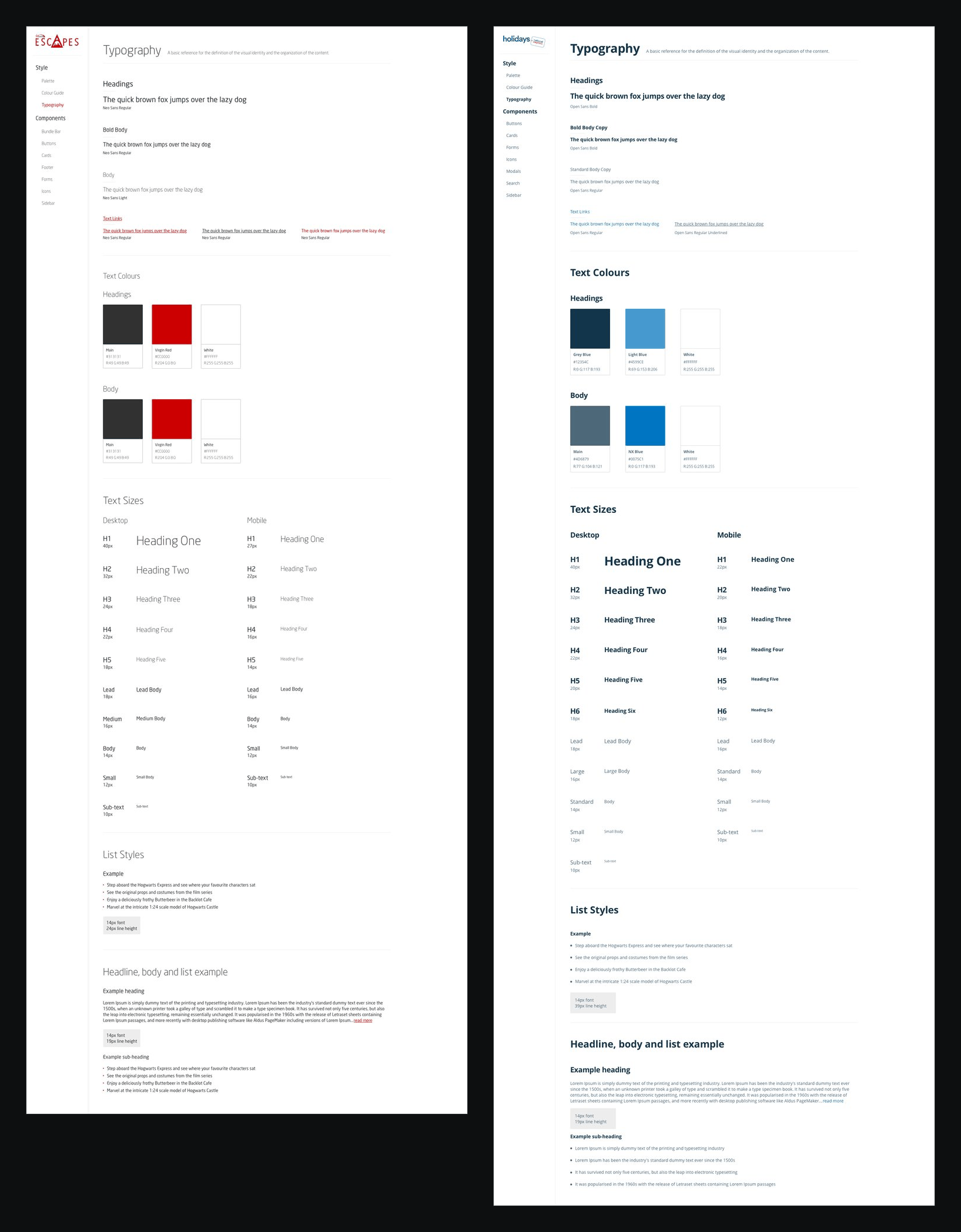 Typography pages for Virgin Escapes and National Express Holidays, side by side
